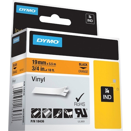 Dymo Tape, Ind, Vnyl, 3/4"-Bk/Oe DYM18436